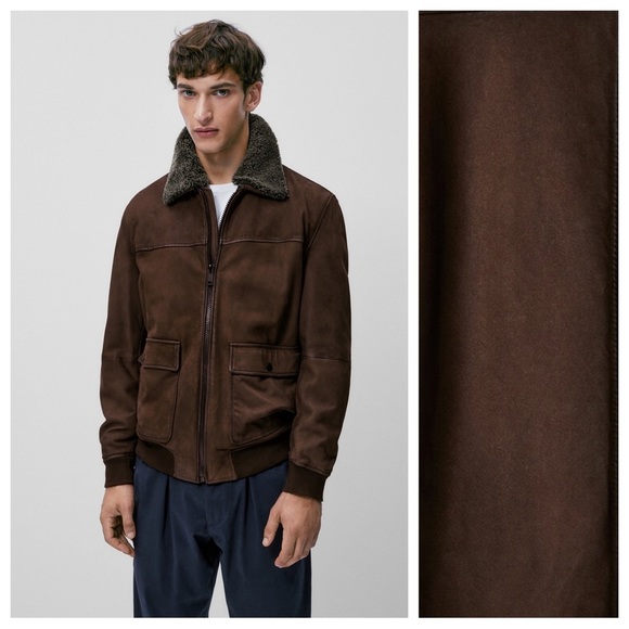 Massimo Dutti Other - NWT. Massimo Dutti Man Nubuck Leather Bomber Jacket with Sheepskin Collar Size M
